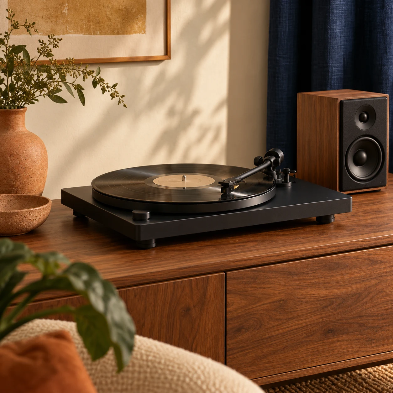 A warm listening corner with a record player